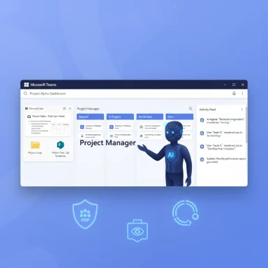 Microsoft Teams dashboard for Project Alpha, showing project cards and a blue AI guide.