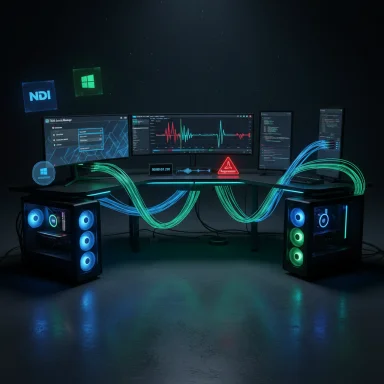Futuristic multi-monitor workstation with RGB-lit towers and glowing data streams.