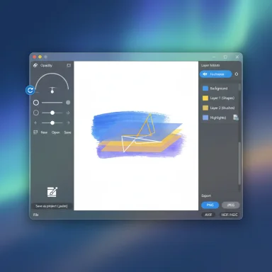 Screenshot of a digital painting app showing layered shapes on a blue brush-stroke canvas.