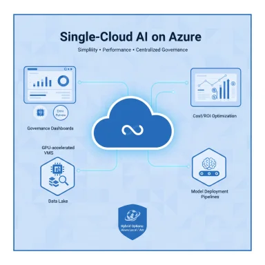 Diagram of Single-Cloud AI on Azure: governance dashboards, data lake, GPU VMs, pipelines, and ROI optimization.
