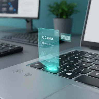 A translucent holographic Copilot interface rises from a laptop keyboard.