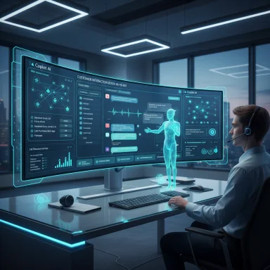 A professional uses a holographic AI dashboard on a curved monitor in a futuristic office.
