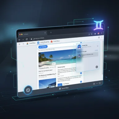 Futuristic laptop screen displaying an AI-powered web dashboard with a glowing Gemini icon.