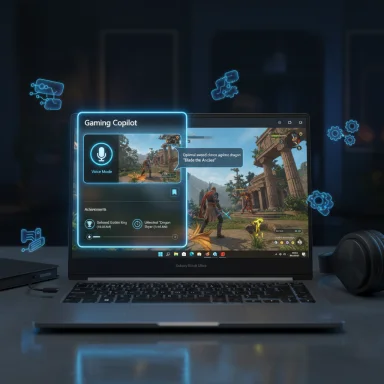 A sleek laptop displays a glowing Gaming Copilot UI while a fantasy RPG runs on screen.