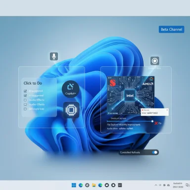 A Windows-style UI overlay with Copilot panels on a blue abstract background.