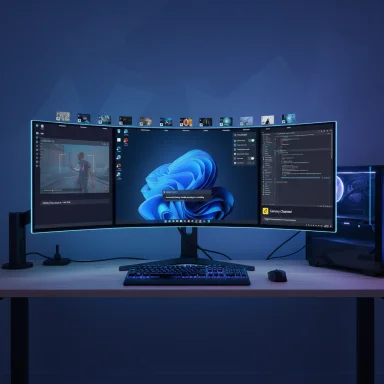 Triple-curved monitor computer setup on a desk with blue ambient lighting.