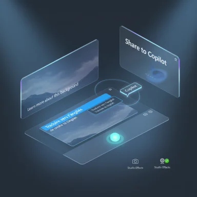 A futuristic holographic UI with translation panels and a 'Share to Copilot' option.