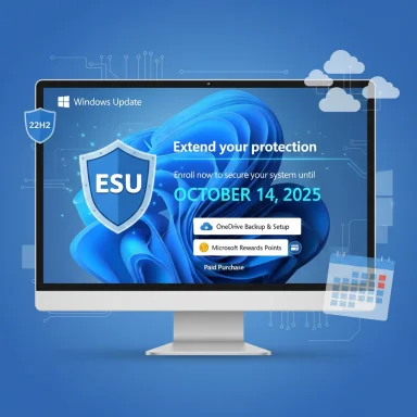 A computer monitor displays a Windows Update promo for ESU, featuring the date October 14, 2025.