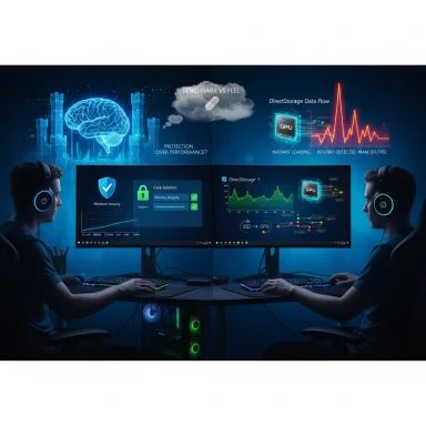 Two gamers sit at a dual-monitor setup, analyzing data with glowing graphs and a brain hologram.