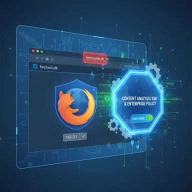 Futuristic UI showing Firefox shield, content analysis SDK, and enterprise policy toggle.