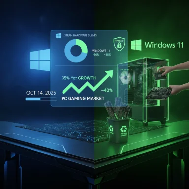 Windows 11 hardware survey infographic with a rising PC gaming market and hands assembling PC parts.
