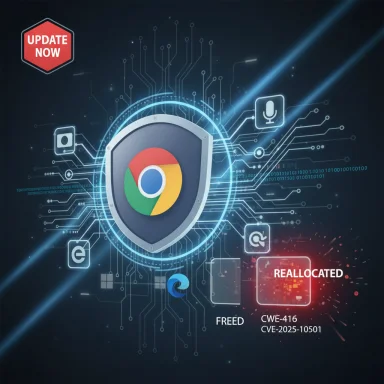 Chrome logo on a shield amid neon circuitry with an “UPDATE NOW” badge.
