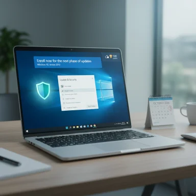 A laptop on a wooden desk displays a Windows Update screen with a calendar nearby.