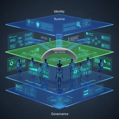 A futuristic, multi-layer AI architecture illustrating identity, runtime, and governance with holographic dashboards.