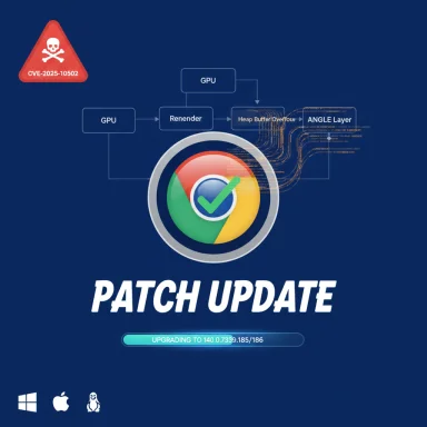 Chrome patch update screen with CVE-2025-10502 warning and a progress bar.