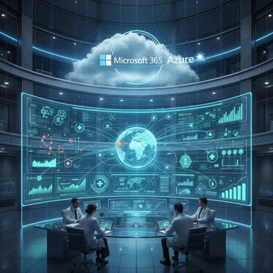 Futuristic command center with holographic screens showing global analytics and the Microsoft 365 Azure cloud.