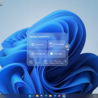 Windows desktop with a floating Taskbar Companion card offering summarize, translate, and app options.