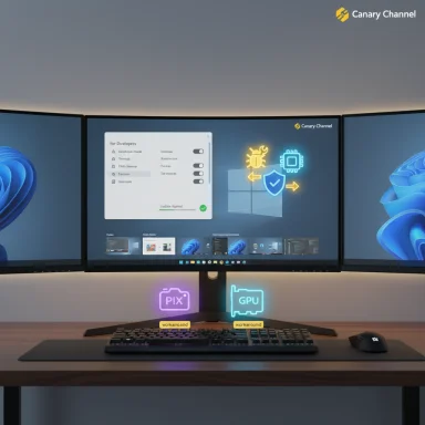 Triple-monitor workstation with neon PIX and GPU icons on a Windows desktop.