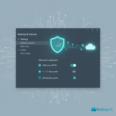 Windows 11 network settings window showing DNS/HTTPS options against a circuit-themed background.