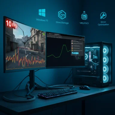 A blue-lit gaming desk with dual monitors, a transparent PC tower, and Windows icons on the wall.