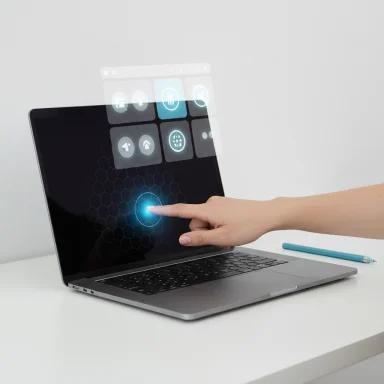 A fingertip taps a glowing holographic touch interface projected above a laptop.