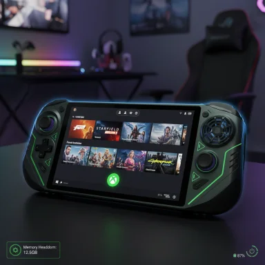 A futuristic handheld gaming console with neon green accents sits on a desk, displaying a game library.