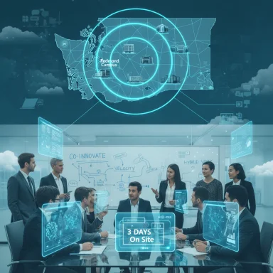 A futuristic boardroom meeting with holographic dashboards and a global collaboration map.