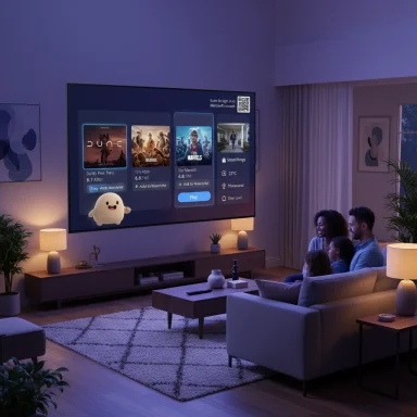 A family lounges on a sofa, watching a large smart TV with a streaming interface in a cozy living room.