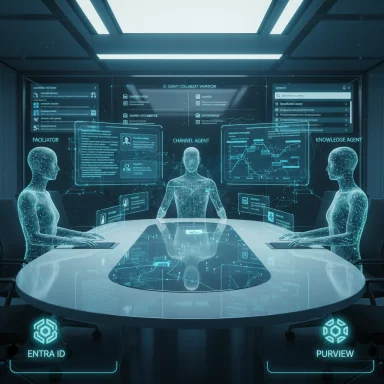 Futuristic control room with holographic avatars around a glass round table.