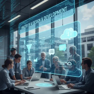 A diverse team around a table collaborates as a holographic AI design & development board hovers above.