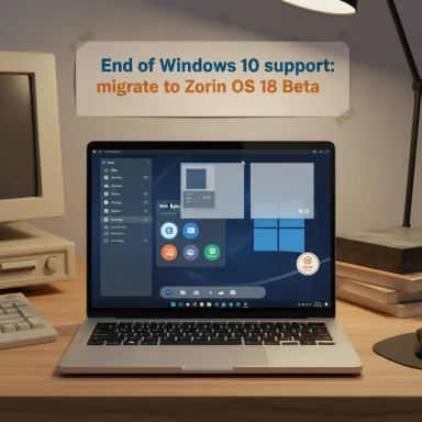Laptop on a wooden desk with a sign reading 'End of Windows 10 support: migrate to Zorin OS 18 Beta'.