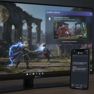 Hero fights a boss in a fantasy RPG, guided by a Gaming Copilot overlay.