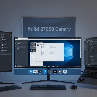 A sleek desk setup with a curved central monitor, side screens, and a 'Build 27950 Canary' banner.