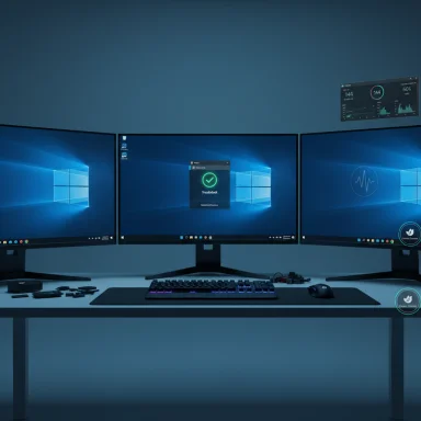 Triple-monitor Windows desktop setup with keyboard and mouse on a tidy desk.