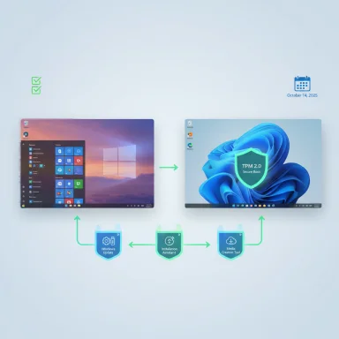 Process diagram: upgrading Windows to TPM 2.0 Secure Boot using Windows Update, Installation Assistant, and Media Creation Tool.