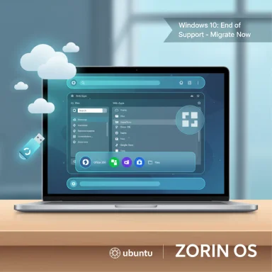 Laptop screen shows a futuristic blue UI promoting Zorin OS migration after Windows 10 end of support.