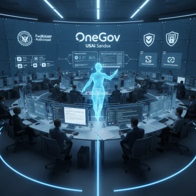 A futuristic government cyber command center with a glowing holographic figure and many monitors.