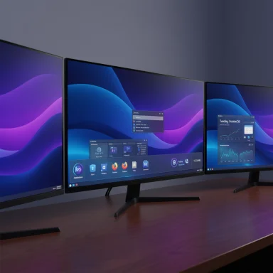 Three curved monitors on a wooden desk display a blue-purple wallpaper.