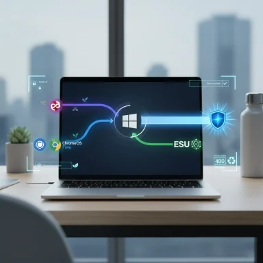 A laptop on a desk displays a futuristic holographic UI featuring Windows, ChromeOS Flex, and a security shield.