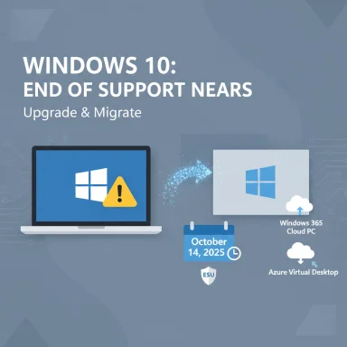 Windows 10 end of support nears; upgrade and migrate to Windows 365 Cloud PC or Azure Virtual Desktop.