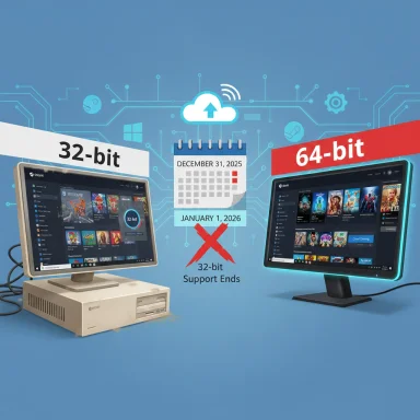 32-bit support ends January 1, 2026; move to 64-bit.