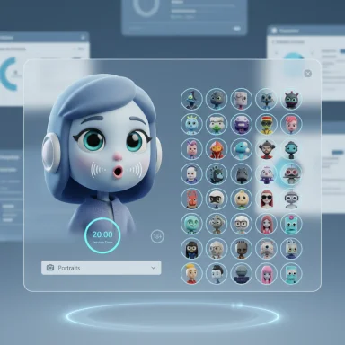 A 3D blue-haired avatar UI with a grid of circular character icons for selection.