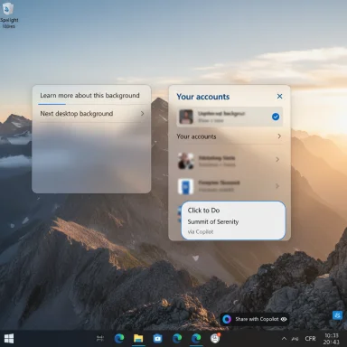 Windows desktop with frosted glass panels over a mountain sunrise wallpaper.