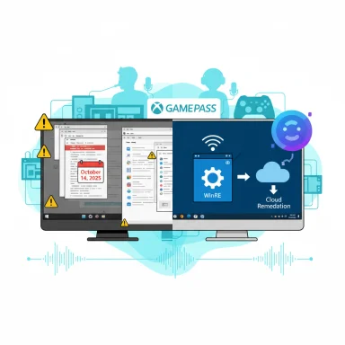 Tech support illustration with warning icons, WinRE flow, and cloud remediation on dual monitors.