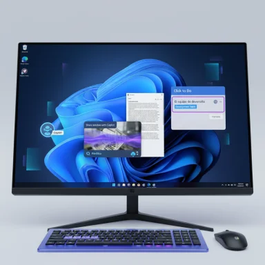 A modern desktop setup featuring a large monitor with a blue wallpaper, a purple-backlit keyboard, and a wireless mouse.