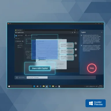 Neon-outlined Windows Copilot interface showing a “Share with Copilot” prompt and a red Stop button.