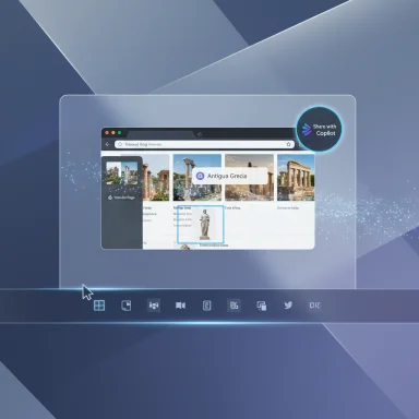 A futuristic desktop UI with a browser window showing a Share with Copilot badge.