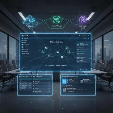 Futuristic conference room with a holographic Microsoft Graph dashboard and floating panels.