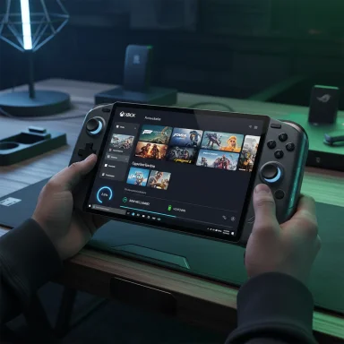 A person holds a handheld Xbox-like console, browsing a game library on the screen.