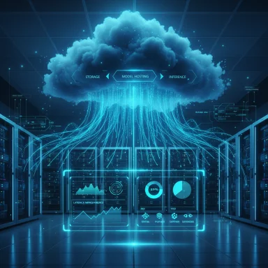 Futuristic data center with a glowing blue cloud above servers and holographic dashboards.